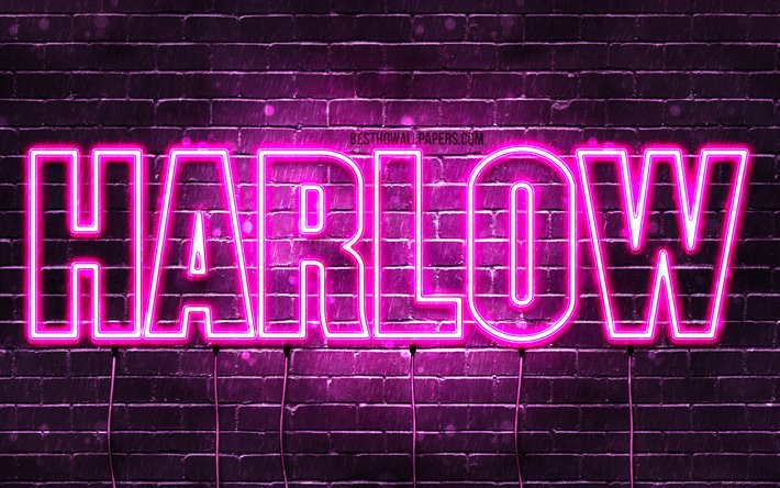 Harlow, 4k, 壁紙名, 女性の名前, Harlow名, 紫色のネオン, テキストの水平, 写真Harlow名