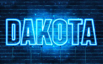 Dakota, 4k, fondos de pantalla con los nombres, el texto horizontal, Dakota del nombre, el azul de las luces de ne&#243;n de la imagen con el nombre de Dakota