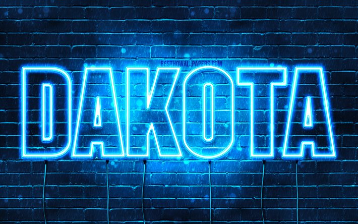 Dakota, 4k, taustakuvia nimet, vaakasuuntainen teksti, Dakota nimi, blue neon valot, kuva Dakota nimi