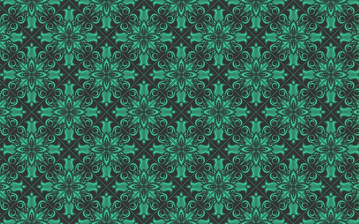緑のダマスクパターン, 4k, ヴィンテージ花のパターン, 緑のヴィンテージの背景, 花のパターン, 背景の花, 緑色のレトロな背景, ヴィンテージの背景, グリーンバック, 花柄ヴィンテージパターン