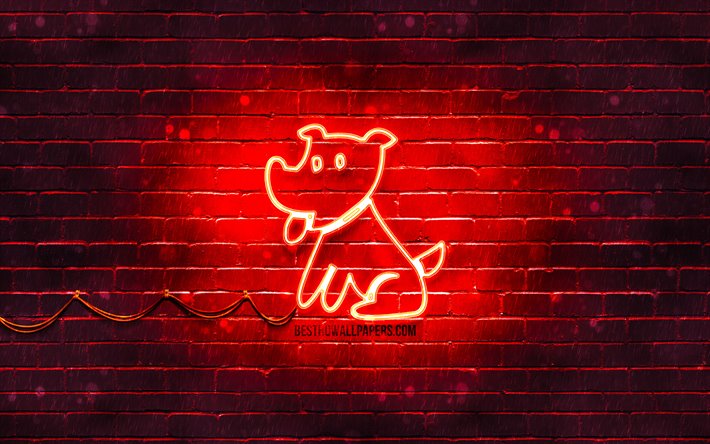 Hund neonskylt, 4k, kinesiska zodiaken, red brickwall, Hund zodiac, djur tecken, Kinesiska kalendern, kreativa, Hund stj&#228;rntecken, Kinesiska Stj&#228;rntecknen, Hund