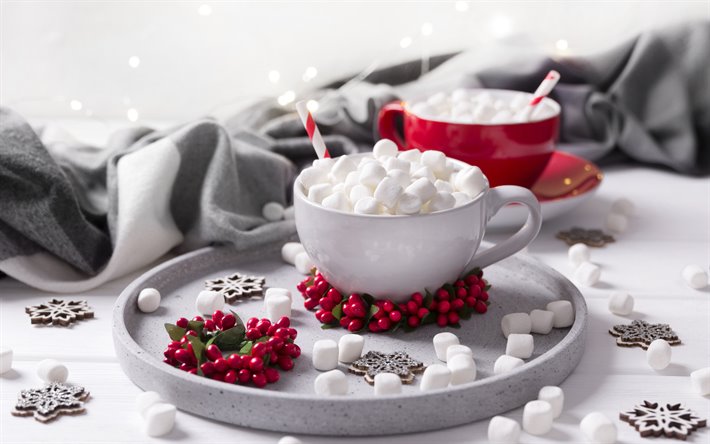 kakao mit marshmallows, tasse kakao, winter, abend, marshmallows