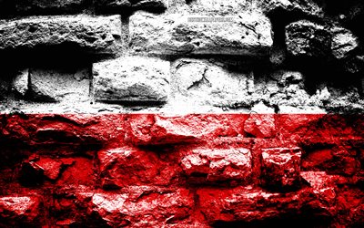 Pol&#243;nia bandeira, grunge textura de tijolos, Bandeira da Pol&#243;nia, bandeira na parede de tijolos, Pol&#243;nia, Europa, bandeiras de pa&#237;ses europeus