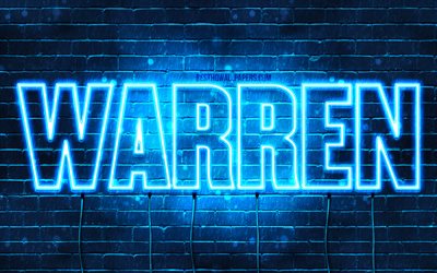 Warren, 4k, pap&#233;is de parede com os nomes de, texto horizontal, Warren nome, luzes de neon azuis, imagem com Warren nome