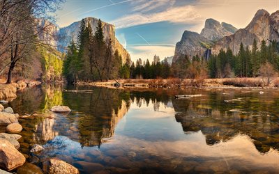 منتزه يوسمايت الوطني, 4k, الخريف, أمريكا المعالم, الجبال, نهر, كاليفورنيا, الطبيعة الجميلة, الولايات المتحدة الأمريكية, أمريكا