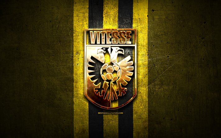 Vitesse FC, golden logo, Eredivisie, yellow metal background, football, SBV Vitesse, Dutch football club, Vitesse logo, soccer, Netherlands
