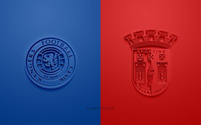 O Rangers FC vs SC Braga, A UEFA Europa League, Logotipos 3D, materiais promocionais, o azul de fundo vermelho, Liga Europa, partida de futebol, SC Braga, O Rangers FC