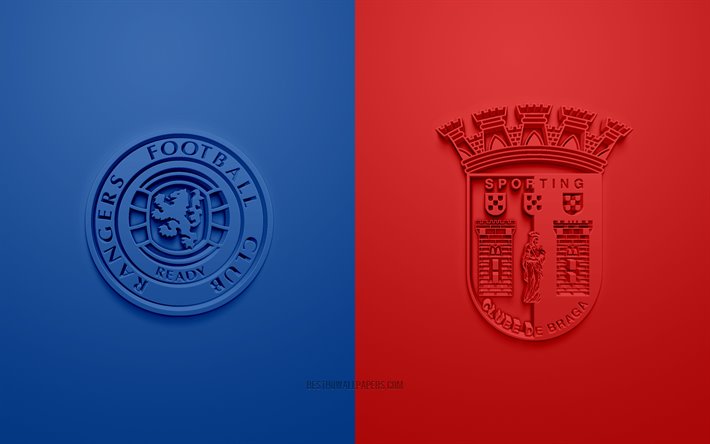 レンジャーのFC vs SCブラガ, UEFAヨーロッパ-リーグ, 3Dロゴ, 販促物, 青赤の背景, ヨーロッパ-リーグ, サッカーの試合, SCブラガ, レンジャーのFC
