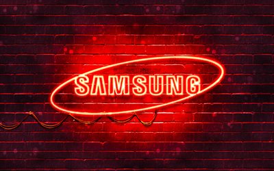 Samsung red logo, 4k, red brickwall, Samsung logo, brands, Samsung neon logo, Samsung