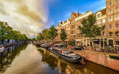 Amsterdam, le canal de la ville, des villes n&#233;erlandaises, le soir, la Hollande, pays-bas, en Europe, &#224; Amsterdam en soir&#233;e