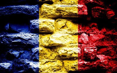 Romania flag, grunge brick texture, Flag of Romania, flag on brick wall, Romania, Europe, flags of european countries