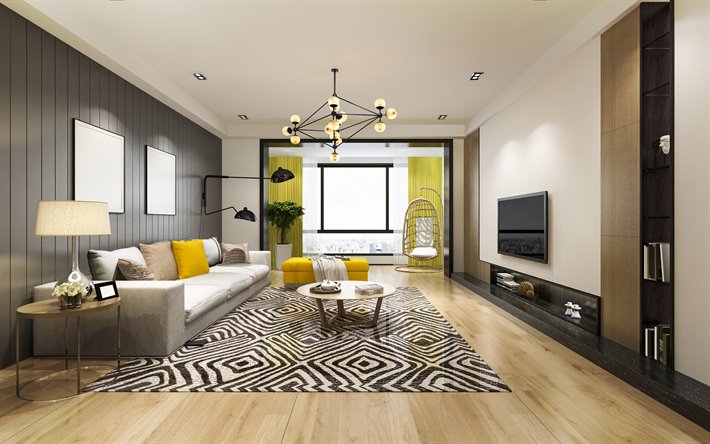 elegante sala de estar interior, interior moderno estilo, sala design, cadeira de suspens&#227;o, luxuoso interior moderno, sala de estar