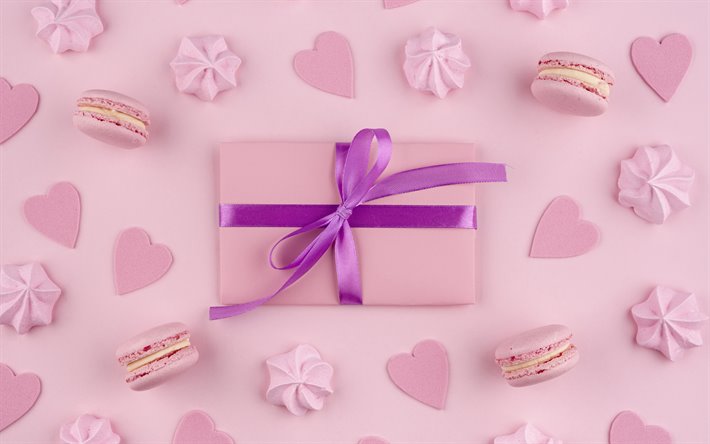 pink box gift, purple silk bow, pink holiday background, pink cookies, pink macaroons
