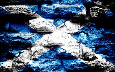 Scotland flag, grunge brick texture, Flag of Scotland, flag on brick wall, Scotland, Europe, flags of european countries