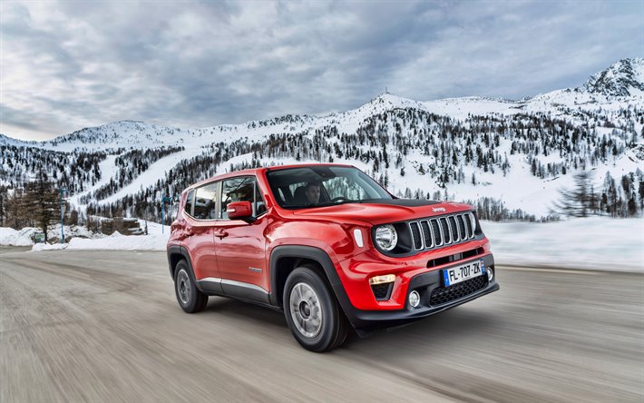 Jeep Renegade, 4k, winter, 2020 cars, SUVs, red Renegade, 2020 Jeep Renegade, american cars, Jeep