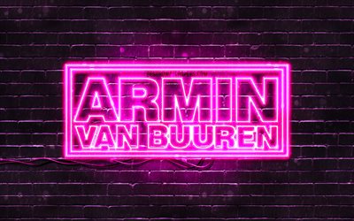 Armin van Buuren mor logo, 4k, s&#252;perstar, Hollandalı dj, mor, brickwall, Armin van Buuren logo m&#252;zik yıldızları, Armin van Buuren, neon logo