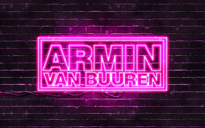 Armin van Buuren p&#250;rpura logo, 4k, la superestrella, holand&#233;s dj, p&#250;rpura, brickwall, Armin van Buuren logotipo de estrellas de la m&#250;sica, Armin van Buuren, ne&#243;n logotipo
