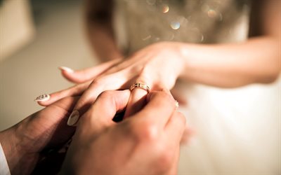 wedding, bride and groom, wedding rings, wedding ring on a finger, white dress, bride