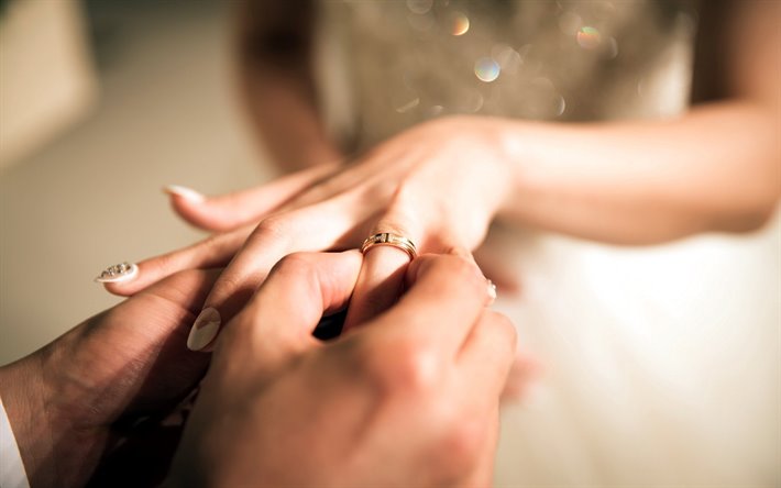 de la boda, la novia y el novio, anillos de boda, el anillo de bodas en el dedo, un vestido blanco, la novia