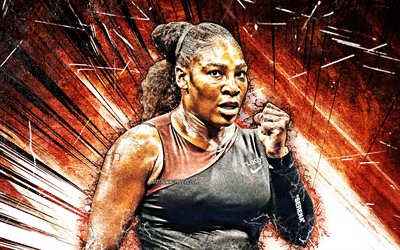 4k, Serena Williams, WTA, grunge art, american tennis players, brown abstract rays, Serena Jameka Williams, tennis, fan art, Serena Williams 4K