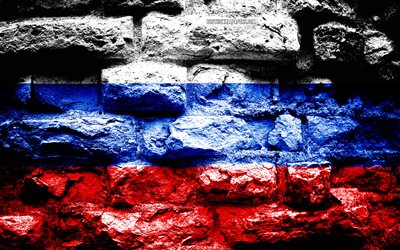 Russia flag, grunge brick texture, Flag of Russia, flag on brick wall, Russia, Europe, flags of european countries, Russian Federation
