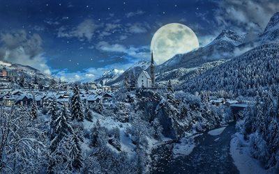 Europa, Alpes, inverno, floresta, bela natureza, lua, neve, paisagens de inverno, Alpes no inverno