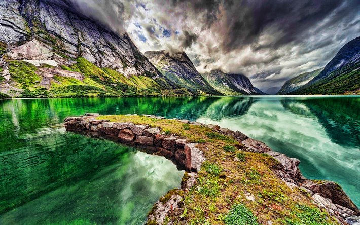 Norge, HDR, vacker natur, berg, fjord, smaragd vatten, Europa, Norsk natur