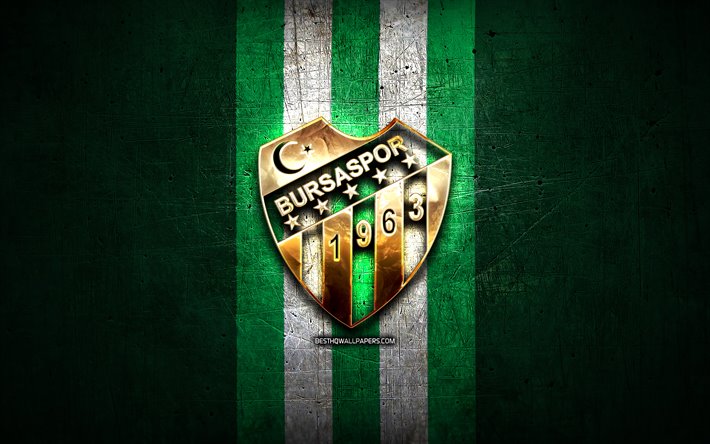 Bursaspor FC, logo dor&#233;, 1 Lig, vert m&#233;tal, fond, football, Bursaspor, turc, club de football, Bursaspor logo, Turquie