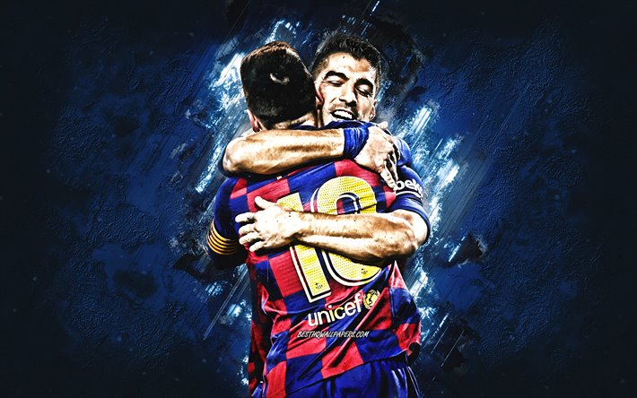 Lionel Messi, Luis Suarez, FC Barcelona, La Liga, Catalan football club, blue stone background, football
