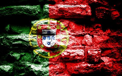 Portugal flag, grunge brick texture, Flag of Portugal, flag on brick wall, Portugal, Europe, flags of european countries