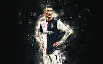 Cristiano Ronaldo, 2020, Juventus FC, CR7, new hairstyle, portuguese footballers, Italy, Bianconeri, soccer, football stars, Serie A, neon lights, CR7 Juve