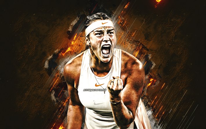Aryna Sabalenka, 肖像, ベラルーシのテニスプレイヤー, WTA, オレンジ色石の背景, テニス