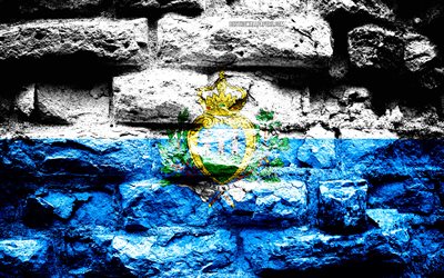San Marino bandeira, grunge textura de tijolos, Bandeira de San Marino, bandeira na parede de tijolos, San Marino, Europa, bandeiras de pa&#237;ses europeus