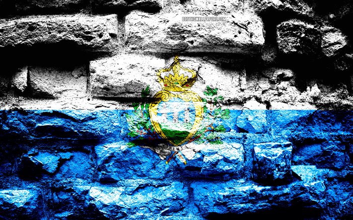 San Marino flagga, grunge tegel konsistens, Flagga av San Marino, flaggan p&#229; v&#228;ggen, San Marino, Europa, flaggor f&#246;r europeiska l&#228;nder