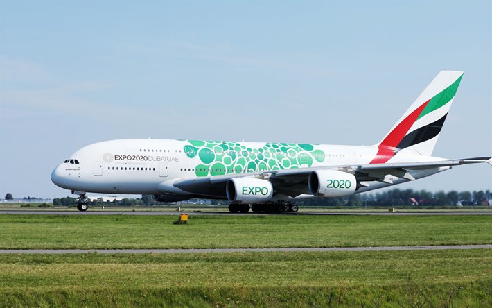 Airbus A380-800, flygplan, Expo 2020 Dubai, F&#246;renade ARABEMIRATEN, A380, Airbus, flygplats, flygresor begrepp