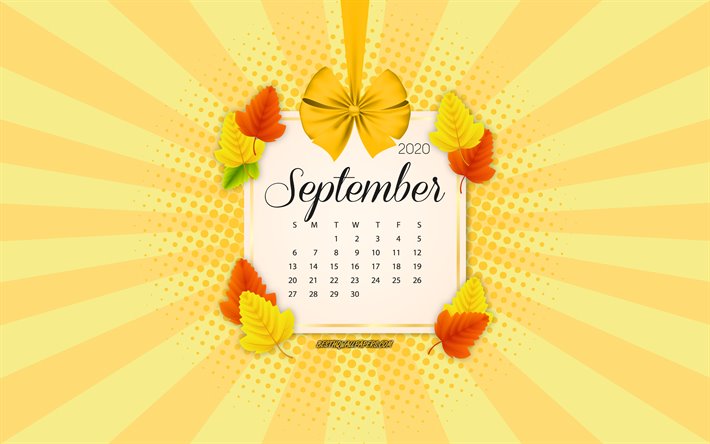 2020 Calendario de septiembre, fondo amarillo, oto&#241;o 2020 calendarios de septiembre de 2020, calendarios, hojas de oto&#241;o, de estilo retro, de septiembre de 2020 Calendario, el calendario con las hojas de oto&#241;o