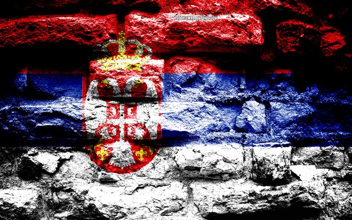 Serbia flag, grunge brick texture, Flag of Serbia, flag on brick wall, Serbia, Europe, flags of european countries