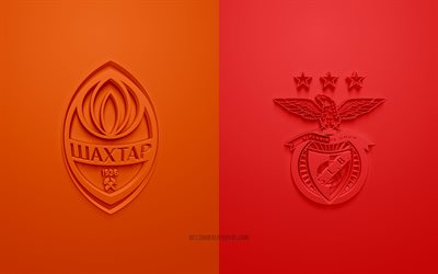 Shakhtar Donetsk vs SL Benfica, UEFA Europa League, 3D logos, promotional materials, orange-red background, Europa League, football match, Shakhtar Donetsk, SL Benfica