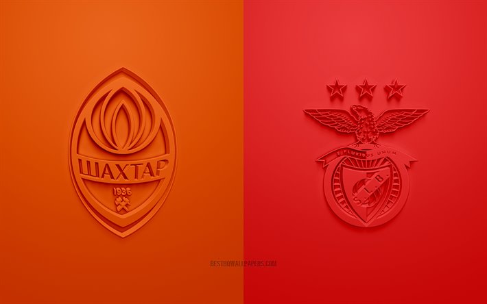 Shakhtar Donetsk vs SL Benfica, UEFA Europa League, 3D-logotyper, pr-material, orange-r&#246;d bakgrund, Europa League, fotbollsmatch, Shakhtar Donetsk, SL Benfica