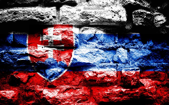 Slovakia flag, grunge brick texture, Flag of Slovakia, flag on brick wall, Slovakia, Europe, flags of european countries