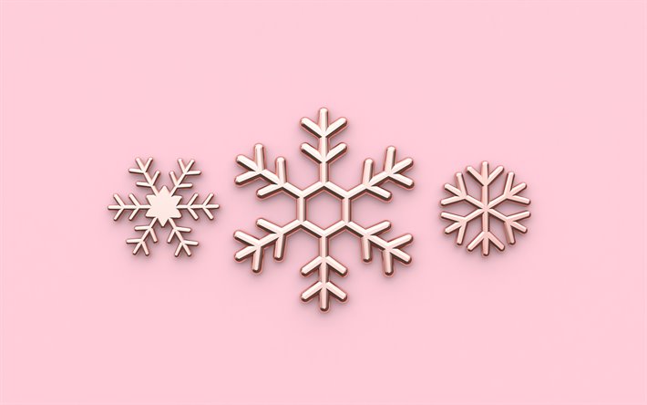 fond rose avec flocon de neige, le m&#233;tal des flocons de neige, hiver, cr&#233;ative, flocons de neige