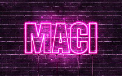 Maci, 4k, wallpapers with names, female names, Maci name, purple neon lights, horizontal text, picture with Maci name