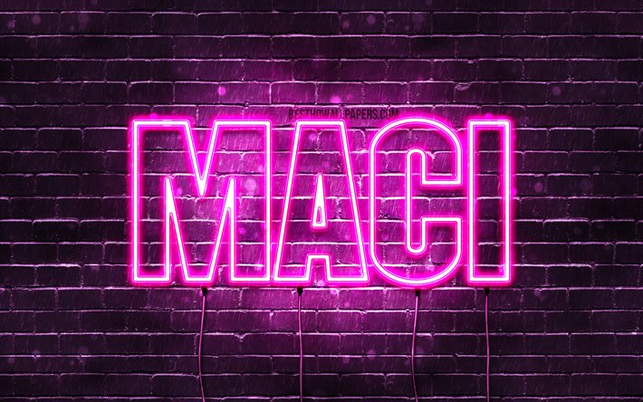 maci, 4k, tapeten, die mit namen, weibliche namen, maci namen, lila, neon-leuchten, die horizontale text -, bild -, die mit namen maci