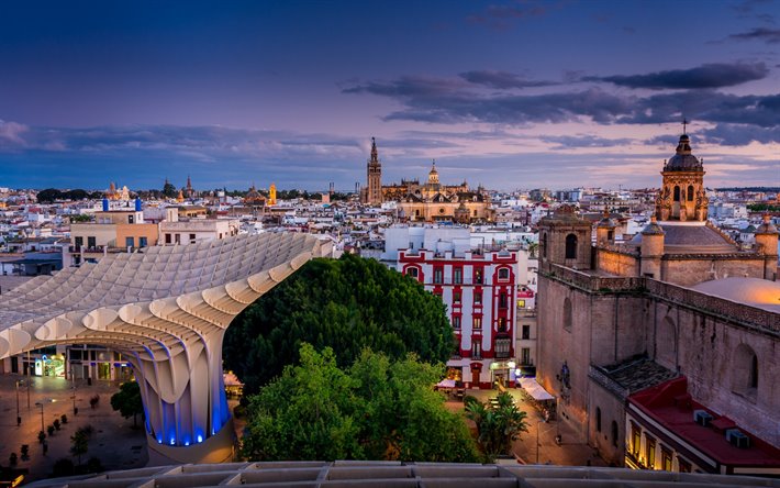 Sevilla, Metropol Parasol, tarde, puesta de sol, paisaje urbano de Sevilla, Plaza de la Encarnacion, Espa&#241;a
