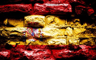 Spanien flagga, grunge tegel konsistens, Spansk flagg, flaggan p&#229; v&#228;ggen, Spanien, Europa, flaggor f&#246;r europeiska l&#228;nder