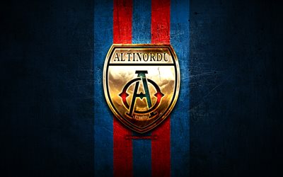 Altinordu FC, golden logotyp, 1 league, bl&#229; metall bakgrund, fotboll, Altinordu FK, turkish football club, Altinordu logotyp, Turkiet