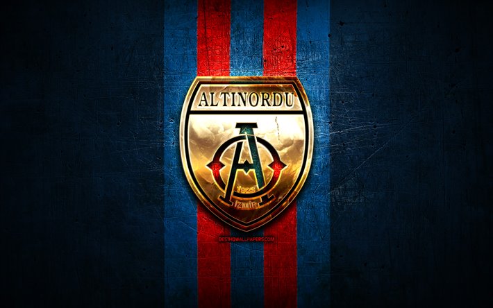 Altınordu FC, altın logo, 1 Lig, mavi metal arka plan, futbol, Altınordu FK, T&#252;rk Futbol Kul&#252;b&#252;, Altınordu logo, T&#252;rkiye