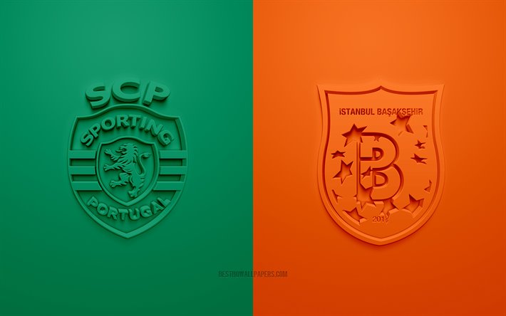 Sporting vs Istanbul Basaksehir, UEFA Europa League, 3D logos, promotional materials, orange-green background, Europa League, football match, Sporting, Istanbul Basaksehir, Sporting vs Basaksehir