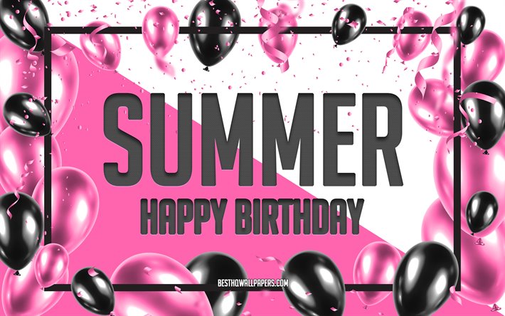 happy birthday, sommer, geburtstag luftballons, hintergrund, tapeten, die mit namen, sommer-happy birthday pink luftballons geburtstag hintergrund, gru&#223;karte, geburtstag
