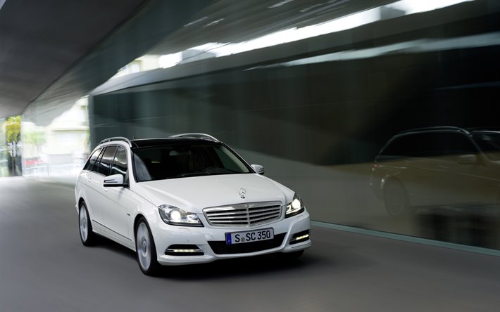 Mercedes-Benz C 350 Estate, 4k, yol, 2014 araba, motion blur, 2014 Mercedes-Benz C-class Estate, Alman otomobil, Mercedes